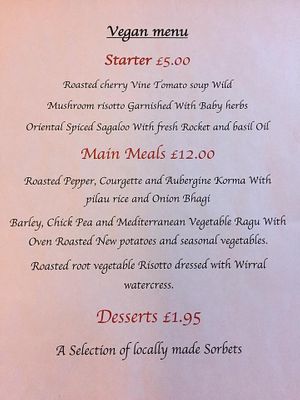 Vegan menu  at Castle Hotel in Conwy