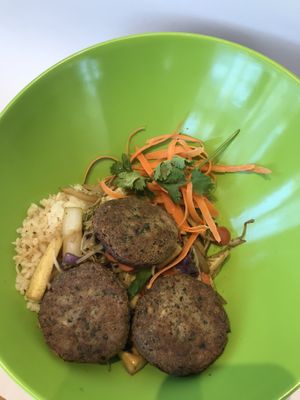 Leaf & Bean Rice Bowl with Tofu Croquette:  Very Balanced organic meal -- organic rice, the sautés organic seasonal vegetables, and tofu croquette (mixed tofu, mush-room, and kale at Hakka Kitchen in Jacksonville