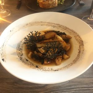 Smoked oyster mushroom, tempura tofu, miso broth, black garlic and sesame. (Main)   at The Cellar Door in Durham