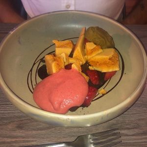 Strawberry chocolate espuma, basil sorbet, balsamic and maplecomb (dessert)   at The Cellar Door in Durham
