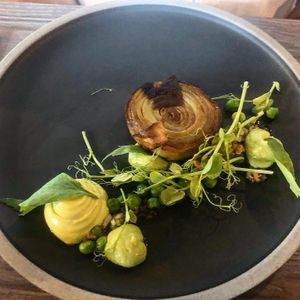 Yukon gold, avacado, wild garlic, sweet peas & lovage (starter)   at The Cellar Door in Durham