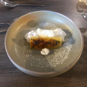 Charred pineapple, coconut foam, lime and rum sorbet (dessert)   at The Cellar Door in Durham