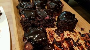 mouth watering vegan chocolate cake  at Mon Way Bistro & Cocktail Bar in East London