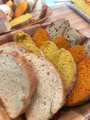 Home made bread: olive bread, peppers bread, turmeric bread at Mon Way Bistro & Cocktail Bar in East London