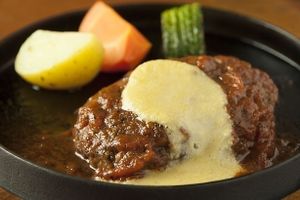 Italian Style Takakibi Hamburger Steak with Melted Mochi-Awa Topping at Future Food Cafe Restaurant Tubu Tubu in Tokyo
