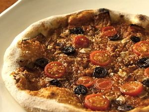 Amatriciana Pizza with Foxtail Millet and Homemade Hot Chili Sauce at Future Food Cafe Restaurant Tubu Tubu in Tokyo