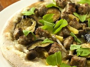 Buckwheat Sausage Pizza with Eggplant at Future Food Cafe Restaurant Tubu Tubu in Tokyo