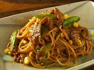 Spaghetti with Foxtail Millet and Tomato Sauce and Itafu Bacon at Future Food Cafe Restaurant Tubu Tubu in Tokyo