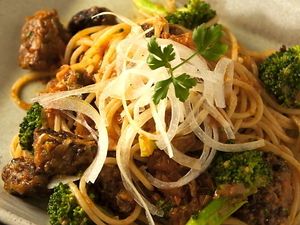 Spaghetti Ragu Sauce with Diced Takakibi Hamburger Steak at Future Food Cafe Restaurant Tubu Tubu in Tokyo