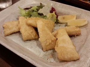 deep fried millet, like fish  at Future Food Cafe Restaurant Tubu Tubu in Tokyo