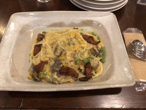 Mochi-kibi carbonara with sauteed itafu (size M) - doesnt taste like carbonara  at Future Food Cafe Restaurant Tubu Tubu in Tokyo