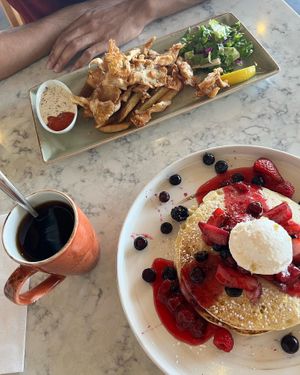 pancakes & “shrooms and chips”   at The Moth Cafe - Downtown in Edmonton