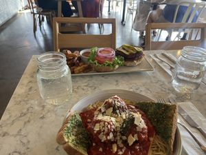 Spaghetti and burger  at The Moth Cafe - Downtown in Edmonton