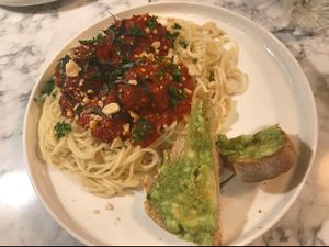 My boyfriend ordered the (cooked) spaghetti. Enjoyed the meatballs a lot! at The Moth Cafe - Downtown in Edmonton