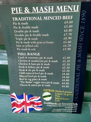 Savoury pies menu at Goddards at Greenwich in South East London