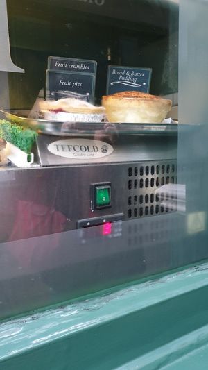 Only the cherry and the apple pies are vegan, none of the toppings or the crumbles are at Goddards at Greenwich in South East London