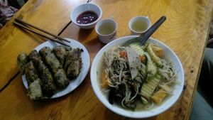 Fried spring rolls with vermicelli & herbs, noodle soup with mushroom & tofu – 40.000 ₫ each at Nha Hang Chay in Sapa