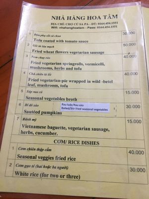 menu 1 at Nha Hang Chay in Sapa