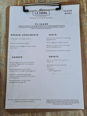 Vegan menu at La Casina  in Naturaliste
