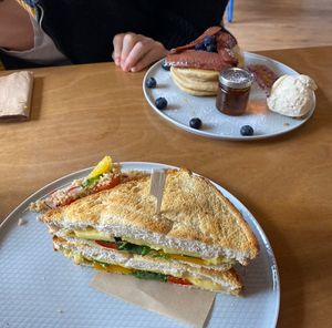 Vegan cheese toastie and vegan blueberry and bacon pancakes at Kibble Bakery in Skipton