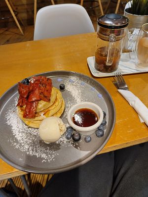 Vegan facon pancakes with blueberries and coconut ice-cream at Kibble Bakery in Skipton