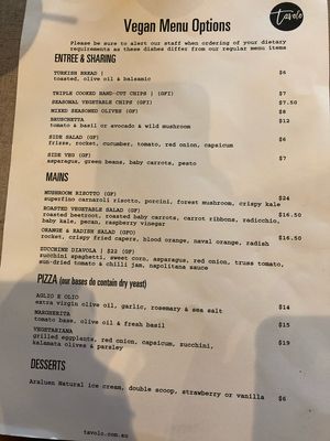 Vegan Menu at Tavolo in Cloverdale