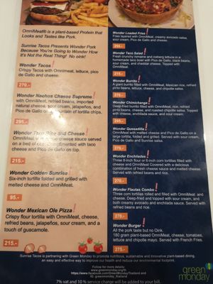 Menu with mock pork at Sunrise Tacos in Bangkok