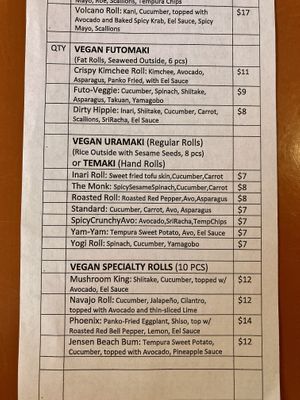 Vegan sushi options. There is an additional menu with appetizers, etc that also has clearly marked vegan options 😌  at Zen of Sushi in Port St Lucie