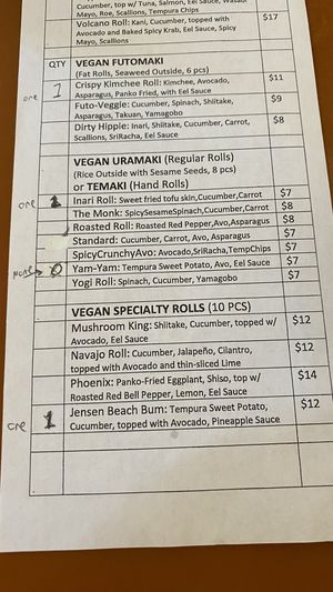 Vegan section of menu   at Zen of Sushi in Port St Lucie
