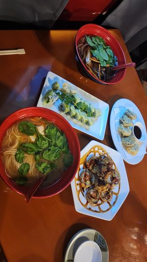 Crunchy roll, lime and jalapeño roll, mushroom ramen, spicy ramen, and fried oreo dessert. All vegan. at Zen of Sushi in Port St Lucie