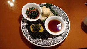 Agedashi Tofu with a side of Forbidden rice and spinach salad. Gluten-free non-GMO. at Zen of Sushi in Port St Lucie