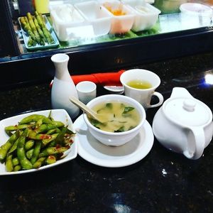 The addictive Spicy Edamame and Miso soup. All Vegan and non-GMO! at Zen of Sushi in Port St Lucie