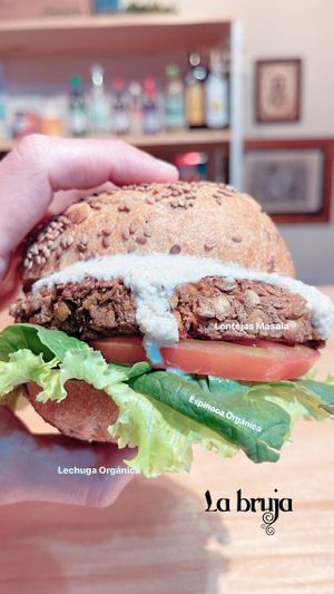 Burger lentil at La Bruja Vegan Foods in Antigua