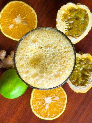 Pasión fruit ginger orange at La Bruja Vegan Foods in Antigua