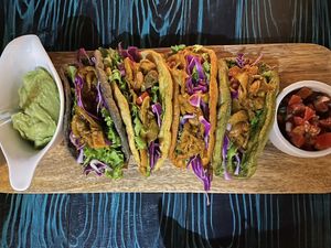 King oyster tacos at La Bruja Vegan Foods in Antigua