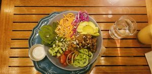 Bowl with tempeh at La Bruja Vegan Foods in Antigua