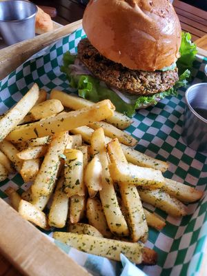 Falafel burger at La Bruja Vegan Foods in Antigua