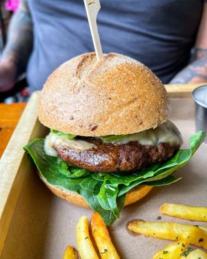 Seitan burger   at La Bruja Vegan Foods in Antigua