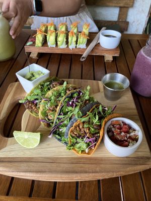 Tempeh tacos and avocado sushi  at La Bruja Vegan Foods in Antigua