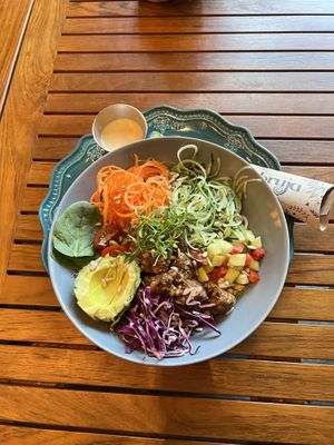 Bowl with tempeh  at La Bruja Vegan Foods in Antigua