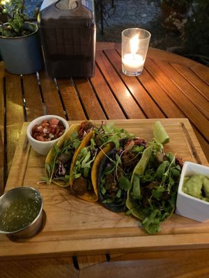 Tacos with seitan filling at La Bruja Vegan Foods in Antigua