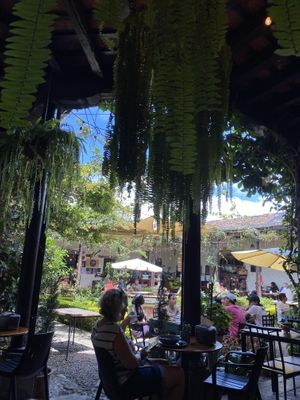 view from the restaurant of the square  at La Bruja Vegan Foods in Antigua