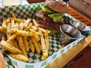 Built our own burger at La Bruja Vegan Foods in Antigua