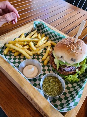 Bean and quinoa burger at La Bruja Vegan Foods in Antigua