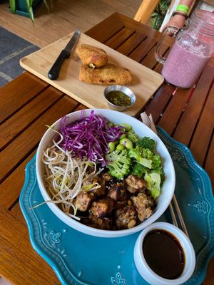 Bowl and empamesas  at La Bruja Vegan Foods in Antigua
