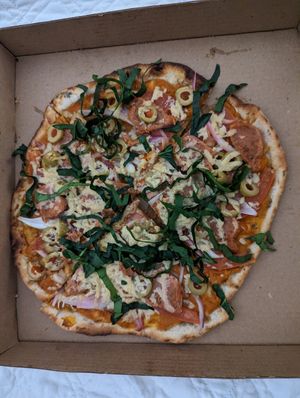 Beyond meat pizza at La Bruja Vegan Foods in Antigua