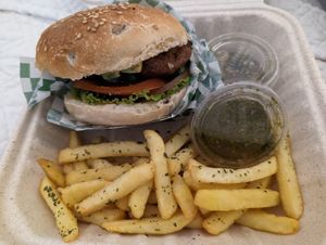 Seitan burger at La Bruja Vegan Foods in Antigua