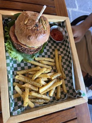 Black bean burger  at La Bruja Vegan Foods in Antigua