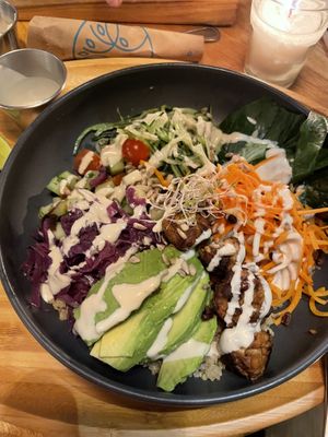 Bowl with quinoa and tempeh   at La Bruja Vegan Foods in Antigua