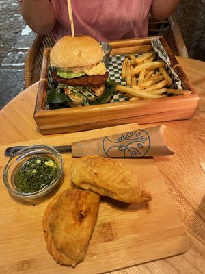 Enchiladas and Seitan-Burger   at La Bruja Vegan Foods in Antigua